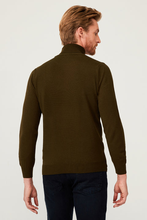 Orta Haki Balıkçı Yaka Regular Fit Triko Kazak