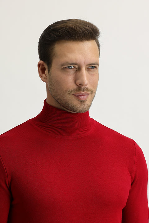 Kırmızı Balıkçı Yaka Regular Fit Triko Kazak