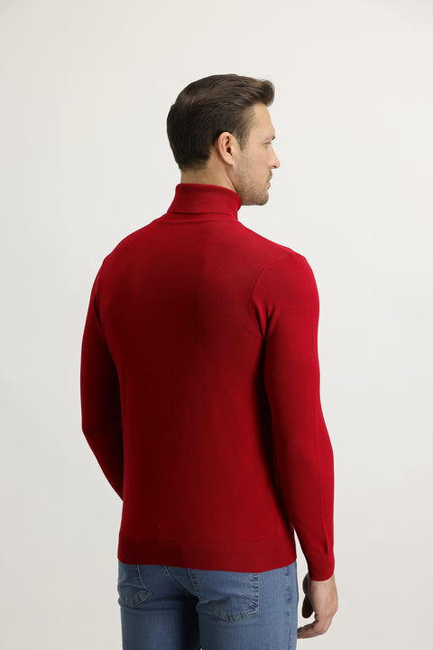 Kırmızı Balıkçı Yaka Regular Fit Triko Kazak