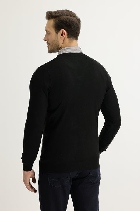 Siyah V Yaka Regular Fit Triko Kazak