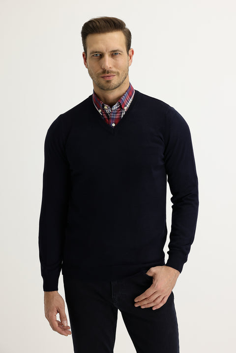 Orta Lacivert V Yaka Regular Fit Triko Kazak