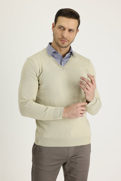 Koyu Bej V Yaka Regular Fit Triko Kazak