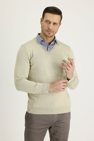  Koyu Bej V Yaka Regular Fit Triko Kazak