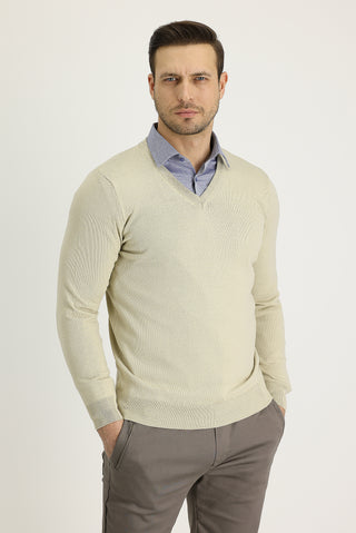  Koyu Bej V Yaka Regular Fit Triko Kazak