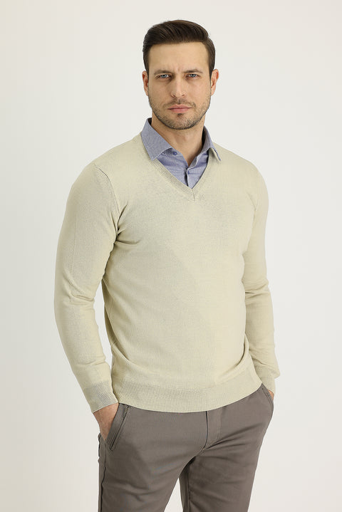 Koyu Bej V Yaka Regular Fit Triko Kazak