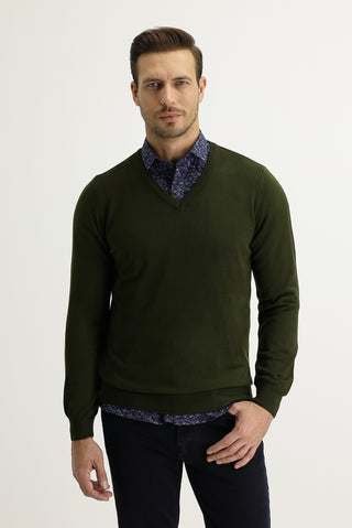  Orta Haki V Yaka Regular Fit Triko Kazak