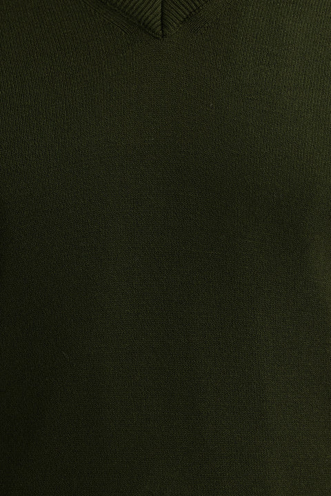 Orta Haki V Yaka Regular Fit Triko Kazak