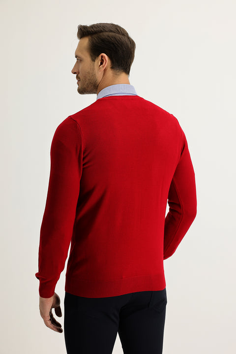 Kırmızı V Yaka Regular Fit Triko Kazak