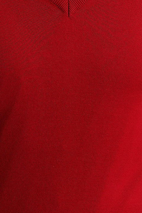 Kırmızı V Yaka Regular Fit Triko Kazak