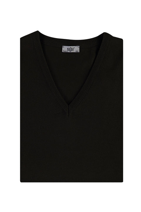 Siyah Büyük Beden V Yaka Triko Kazak