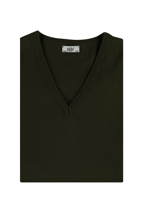 Orta Haki Büyük Beden V Yaka Triko Kazak