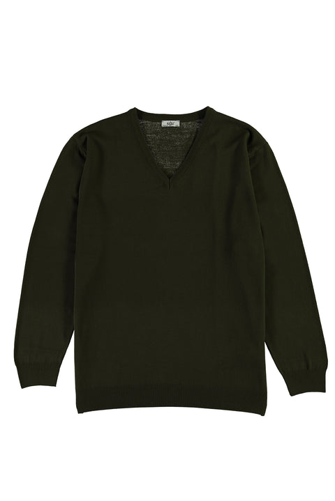 Orta Haki Büyük Beden V Yaka Triko Kazak