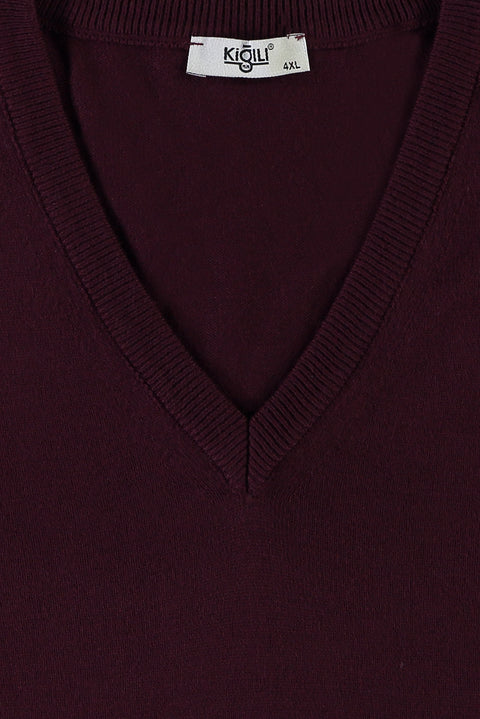 Koyu Bordo Büyük Beden V Yaka Triko Kazak