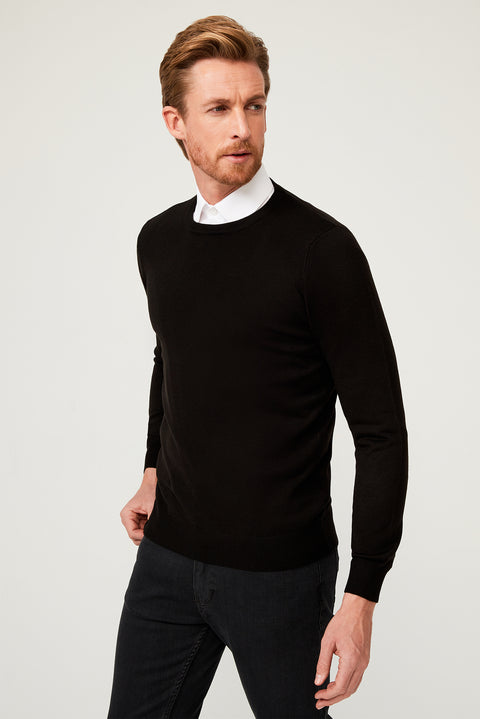 Siyah Bisiklet Yaka Regular Fit Triko Kazak