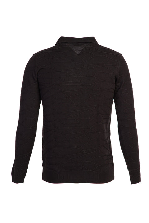 Siyah Polo Yaka Regular Fit Desenli Triko Kazak