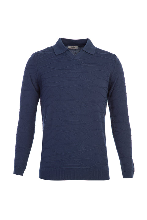 Orta Petrol Polo Yaka Regular Fit Desenli Triko Kazak