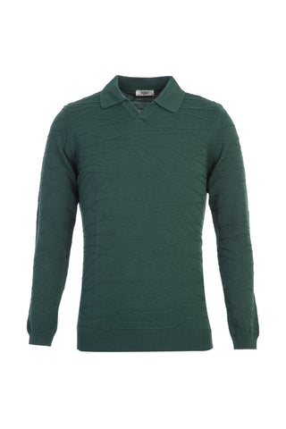  Koyu Yeşil Polo Yaka Regular Fit Desenli Triko Kazak