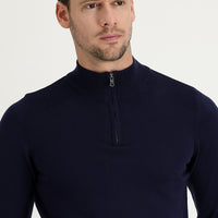 Orta Lacivert Yarım Balıkçı Yaka Regular Fit Fermuarlı Desenli Pamuk Triko Kazak