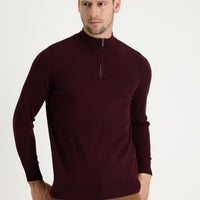 Dark Burgundy Half Turtleneck Regular Fit Zip-Up Patterned Cotton Knit Sweater