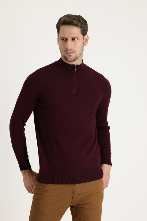 Dark Burgundy Half Turtleneck Regular Fit Zip-Up Patterned Cotton Knit Sweater