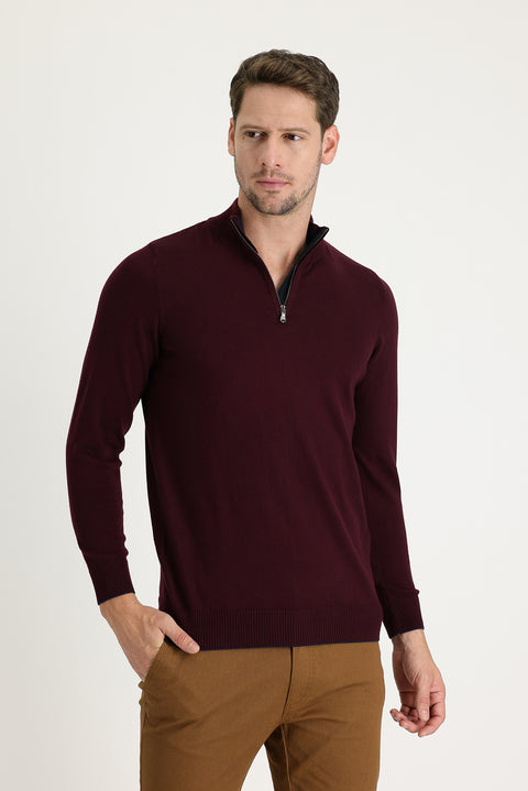 Dark Burgundy Half Turtleneck Regular Fit Zip-Up Patterned Cotton Knit Sweater