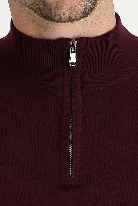 Dark Burgundy Half Turtleneck Regular Fit Zip-Up Patterned Cotton Knit Sweater