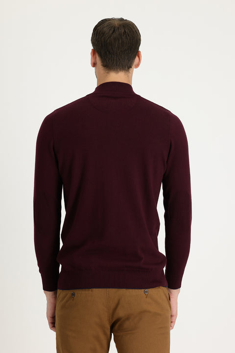 Dark Burgundy Half Turtleneck Regular Fit Zip-Up Patterned Cotton Knit Sweater
