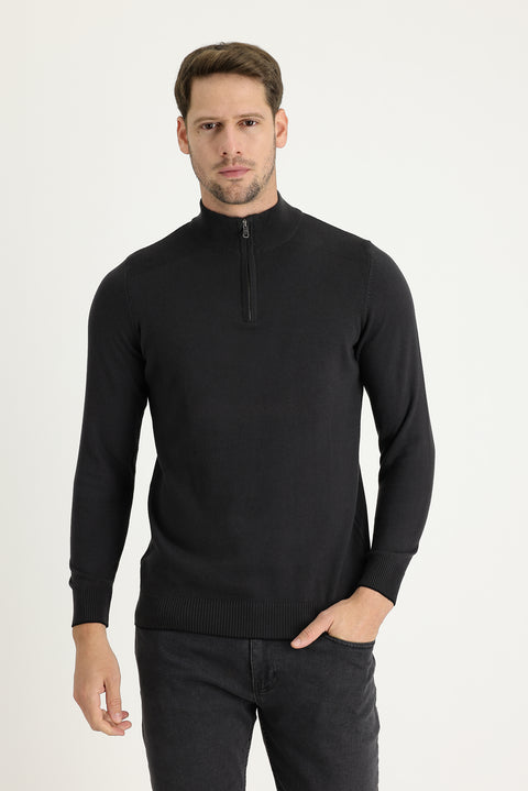 Orta Antrasit Yarım Balıkçı Yaka Regular Fit Fermuarlı Desenli Pamuk Triko Kazak