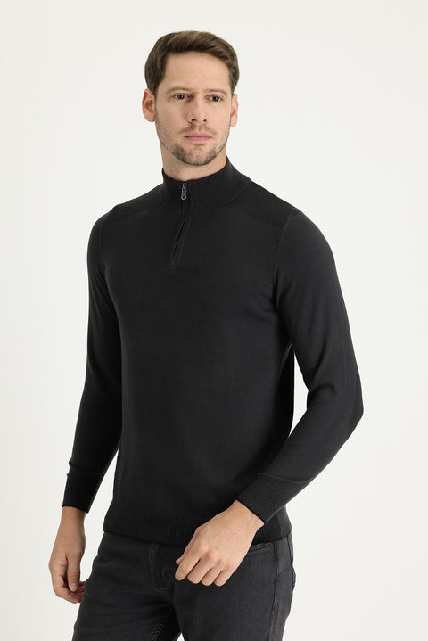 Orta Antrasit Yarım Balıkçı Yaka Regular Fit Fermuarlı Desenli Pamuk Triko Kazak