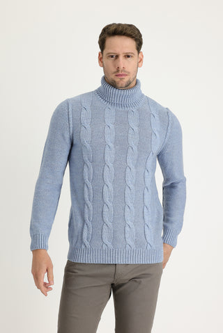  Gök Mavisi Balıkçı Yaka Slim Fit Dar Kesim Yünlü Desenli Triko Kazak