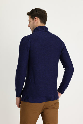  Havacı Mavi Balıkçı Yaka Slim Fit Dar Kesim Yünlü Desenli Triko Kazak