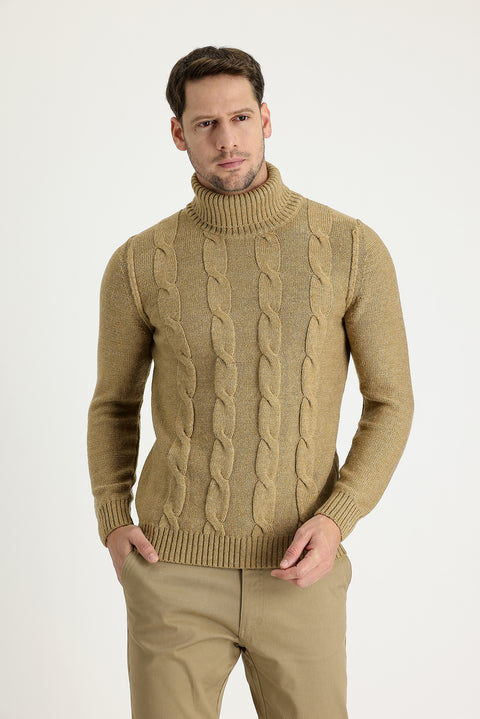 Koyu Bej Balıkçı Yaka Slim Fit Dar Kesim Yünlü Desenli Triko Kazak