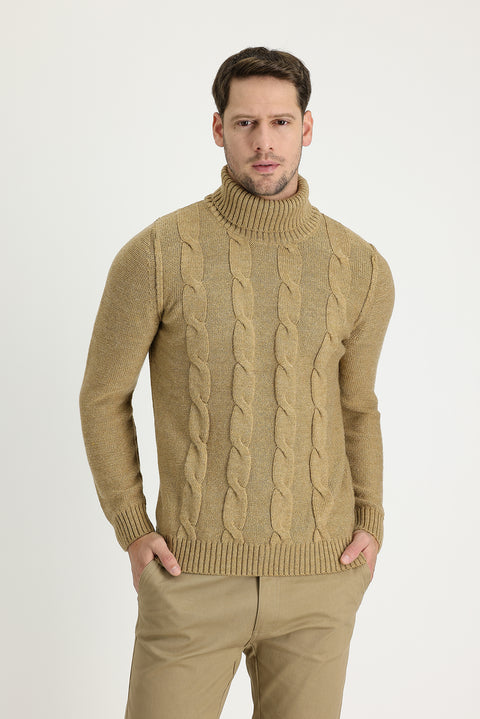 Koyu Bej Balıkçı Yaka Slim Fit Dar Kesim Yünlü Desenli Triko Kazak