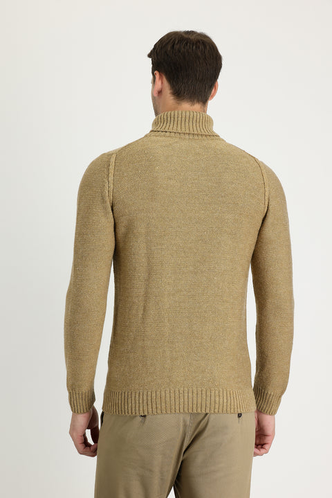 Koyu Bej Balıkçı Yaka Slim Fit Dar Kesim Yünlü Desenli Triko Kazak