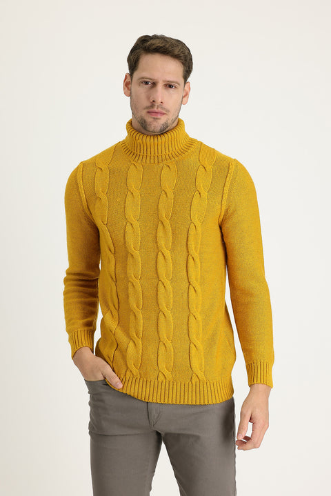 Safran Balıkçı Yaka Slim Fit Dar Kesim Yünlü Desenli Triko Kazak