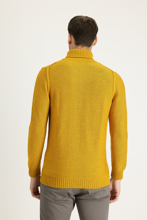 Safran Balıkçı Yaka Slim Fit Dar Kesim Yünlü Desenli Triko Kazak