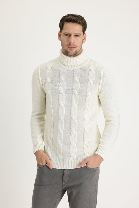 Ekru Balıkçı Yaka Slim Fit Dar Kesim Yünlü Desenli Triko Kazak
