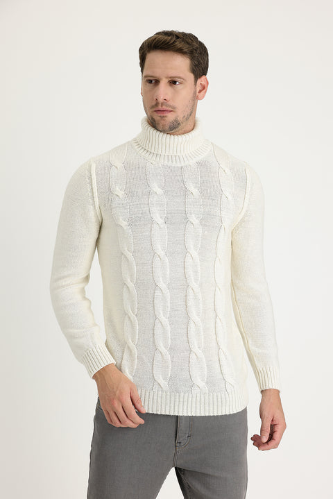 Ekru Balıkçı Yaka Slim Fit Dar Kesim Yünlü Desenli Triko Kazak