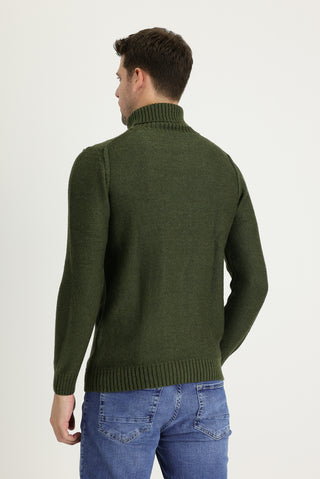  Orta Haki Balıkçı Yaka Slim Fit Dar Kesim Yünlü Desenli Triko Kazak
