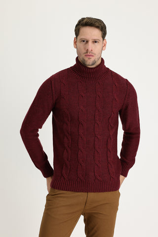  Vişne Balıkçı Yaka Slim Fit Dar Kesim Yünlü Desenli Triko Kazak