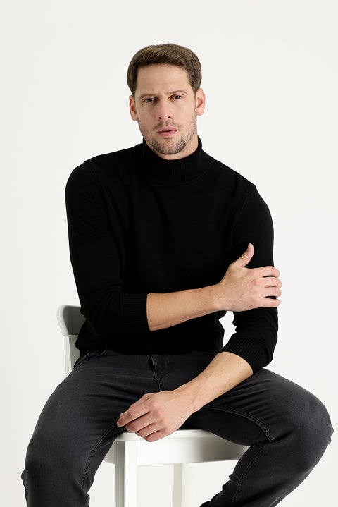 Siyah Balıkçı Yaka Slim Fit Dar Kesim Triko Kazak