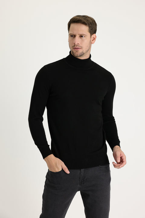 Siyah Balıkçı Yaka Slim Fit Dar Kesim Triko Kazak