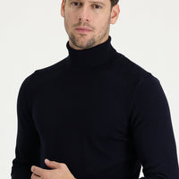 Orta Lacivert Balıkçı Yaka Slim Fit Dar Kesim Desenli Triko Kazak