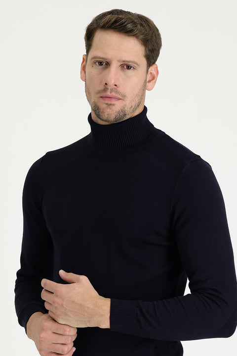 Orta Lacivert Balıkçı Yaka Slim Fit Dar Kesim Desenli Triko Kazak