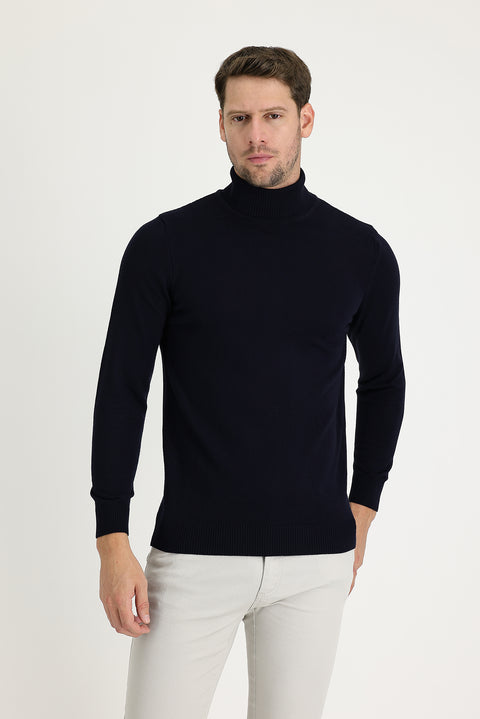 Orta Lacivert Balıkçı Yaka Slim Fit Dar Kesim Desenli Triko Kazak