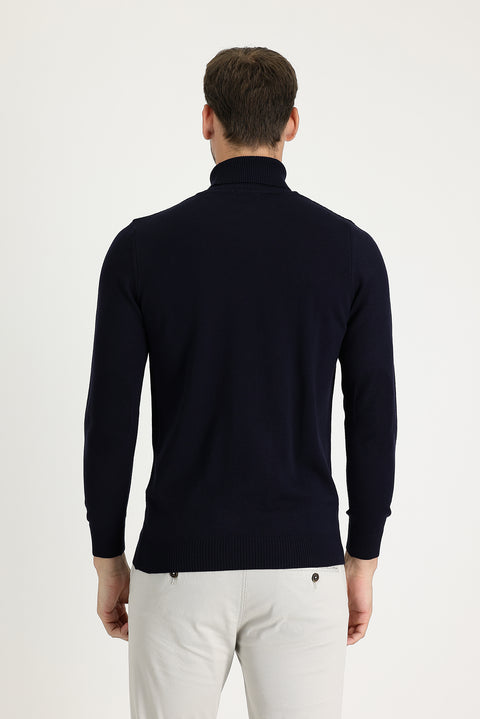 Orta Lacivert Balıkçı Yaka Slim Fit Dar Kesim Desenli Triko Kazak