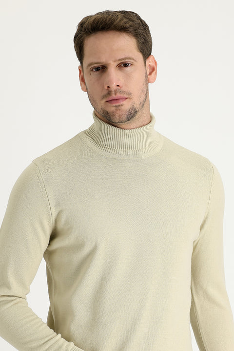 Koyu Bej Balıkçı Yaka Slim Fit Dar Kesim Desenli Triko Kazak