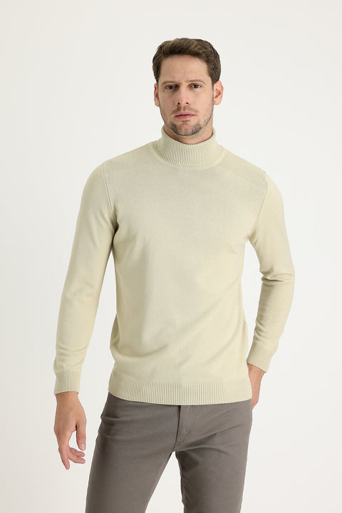 Koyu Bej Balıkçı Yaka Slim Fit Dar Kesim Desenli Triko Kazak