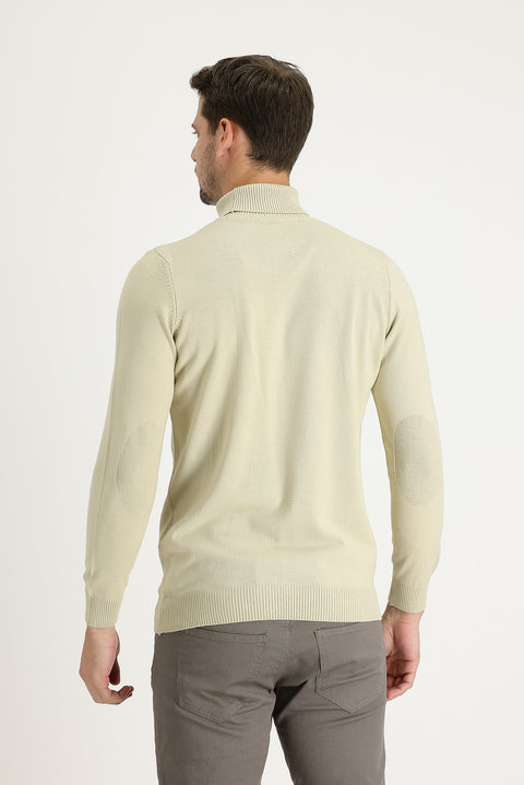 Koyu Bej Balıkçı Yaka Slim Fit Dar Kesim Desenli Triko Kazak
