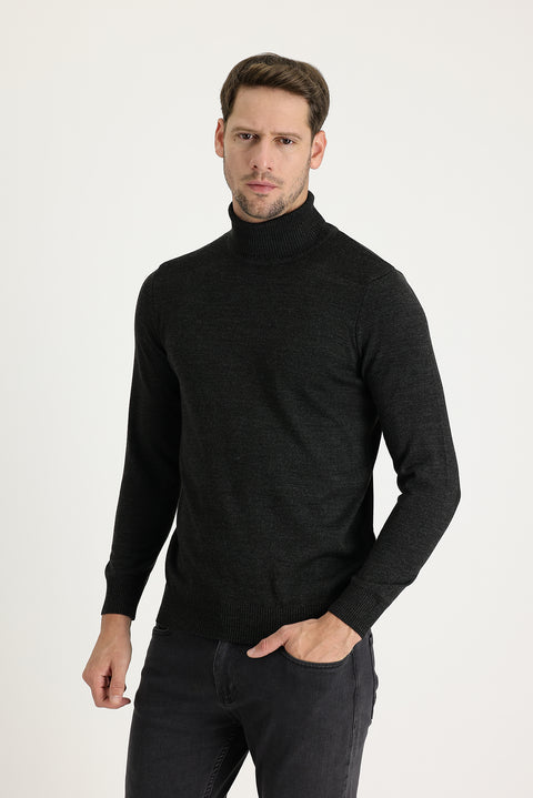 Orta Antrasit Balıkçı Yaka Slim Fit Dar Kesim Desenli Triko Kazak